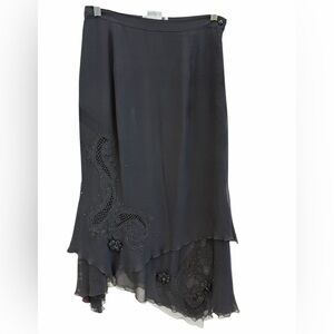 Vintage Vera Cristina Black Embellished Layered Silk Midi Skirt Evening Style